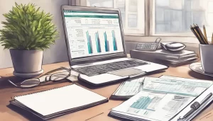 Escritório odontológico arrumado com laptop mostrando planilha financeira, calculadora, planta e porta-canetas sob luz suave.