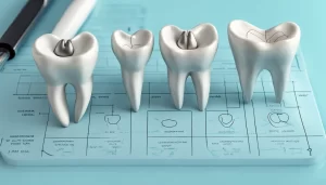 Odontograma detalhado com dentes de várias formas e tamanhos e anotações em tinta preta sobre fundo azul claro.